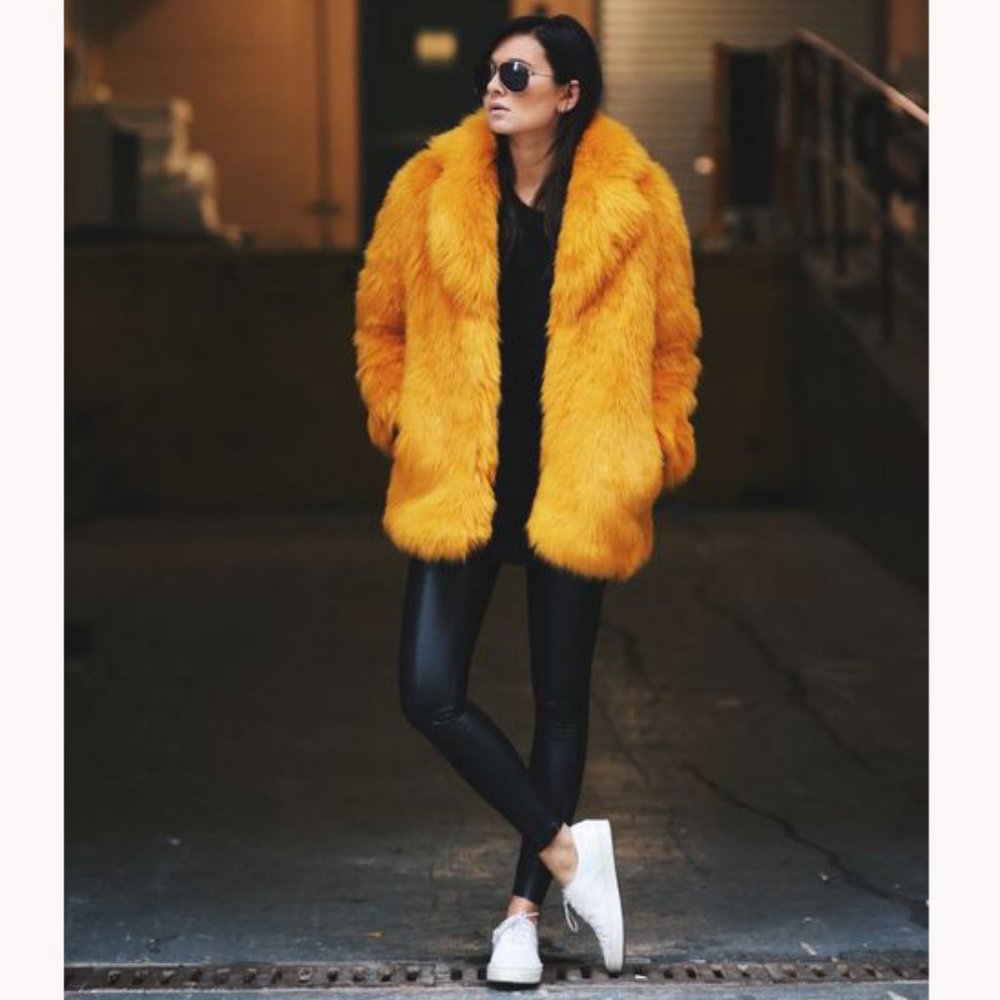 💥STUNNING💥GUESS FAUX FUR COAT in YELLOW HONEY GOLD - Picture 7 of 15